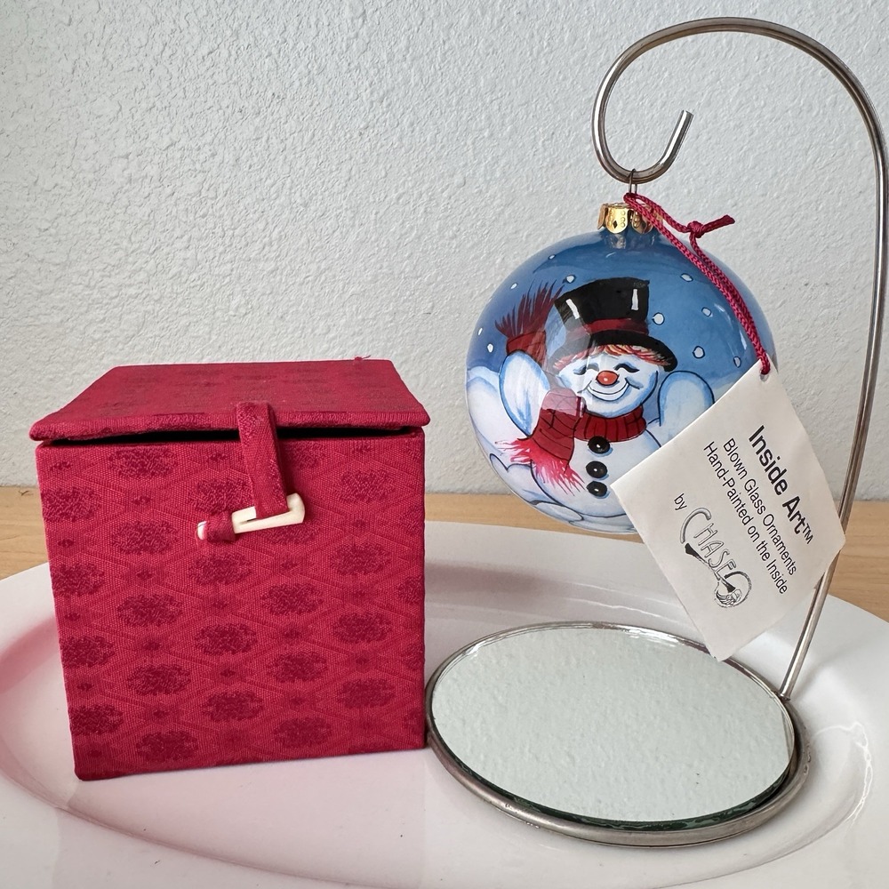 Vtg 90s Reverse Painted Glass Ornament Snowman Winter Inside‎ Art Hand Blown NWT